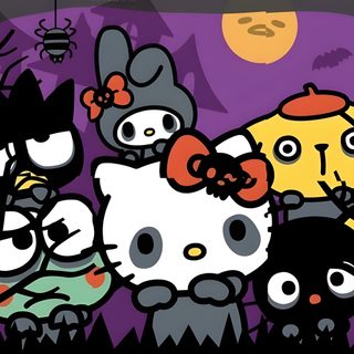 an image of hello kitty and friends in the woods at night with full moon behind them Hello Kitty And Friends Halloween Halloween Hello Kitty Laptop, Hello Kitty Halloween Laptop, Halloween Ios, dark slate gray