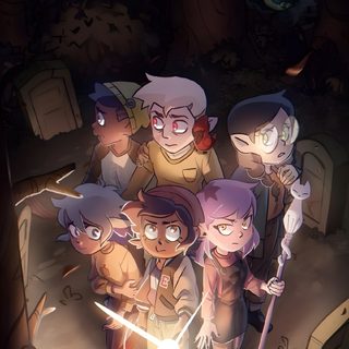 an image of some cartoon characters standing in the middle of a forest with glowing eyes The Owl House Halloween Cute Owl House, The Owl House Iphone, The Owl House Background Art, dark slate gray