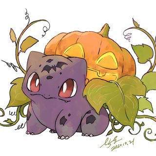 a drawing of two monsters with pumpkins on their heads and leaves in the background Halloween Bulbasaur Gengar And Bulbasaur, Chikorita Halloween, Bulbasaur Mimikyu, Ghost Type Bulbasaur, white