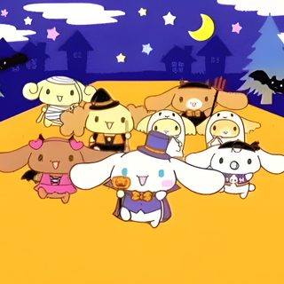 cartoon characters are standing in the middle of a field Cinnamoroll Halloween Gif Hello Kitty Halloween Gif, Halloween Cinnamon Roll Hello Kitty, Cinnamoroll Pumpkin, sandy brown