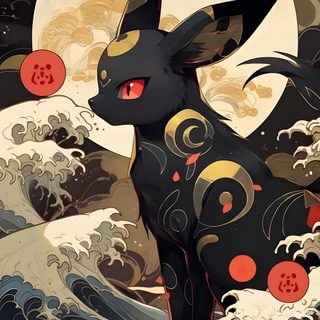 a black cat sitting on top of waves in front of a full moon and clouds Halloween Umbreon Umbreon Art, Japanese Pokemon, Umbreon Poster, Cute Dark Pokemon, dark olive green
