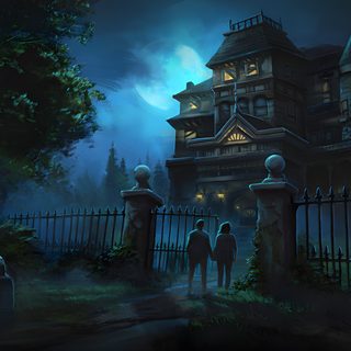 two people are standing in front of a creepy house at night with the moon shining Halloween Haunted Hotel Haunted Hotel Background, Haunted Hotel Abaddon, Spooky Mansion Game Background 4k, black