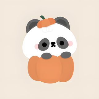 a panda bear with a pumpkin on its head, sitting in front of a beige background Halloween Panda Thanksgiving Panda, Cute Halloween Panda, Fall Panda, Halloween Panda Pumpkin, antique white