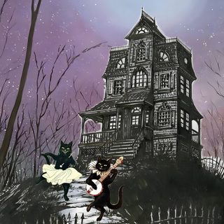 a painting of a house with cats flying in front of it and a cat on the ground Vintage Halloween- Bobcats Castle Gothic Spooky, Vintage Halloween Art Iphone, Spooky Gothic, dim gray
