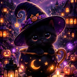 a black cat wearing a witches hat sitting in a teacup Kawaii Halloween Halloween Kawaii Cute Black Cat dark slate gray