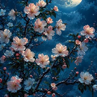 a painting of flowers in front of a full moon Moonlight Flowers Halloween Floral Acrylic Painting Inspiration, Ballet Art, Moon Pictures, midnight blue