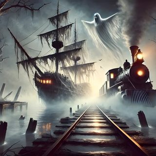 a train traveling through a foggy forest next to a pirate ship on top of a wooden pier Halloween Ghost Train dim gray