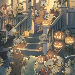 an image of cartoon characters going down the stairs at halloween time with pumpkins and jack - o'- lanterns Disney Channel Halloween Duck, Disney Halloween Aesthetic, Disney Fall, Disney World Pictures, dim gray