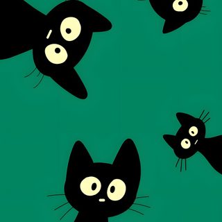 three black cats with big eyes on a green background Halloween Black Cat Green Cat Simple Painting, Black Cat Pinterest, Black Cats Illustration, teal
