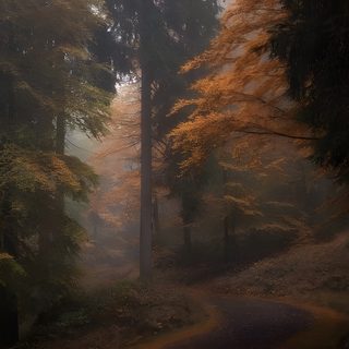 a road in the middle of a forest with trees on both sides and yellow leaves on the ground Halloween Woods Autumn Aesthetic Pc, Foggy Autumn Aesthetic, Misty Autumn Aesthetic, dark slate gray