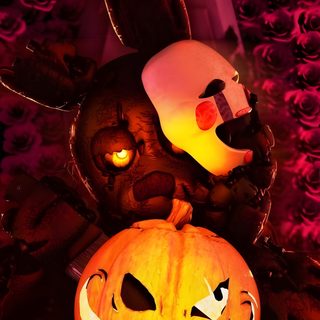 two carved pumpkins sitting next to each other Fnaf Halloween Fnaf Halloween, Fnaf Halloween Art, Fnaf Pumpkin, Fredbear And Springbonnie, black