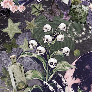 an artistic collage with flowers, plants and skulls on it's wallpaper Purple And Green Halloween Dark Green And Violet, Pink Purple Green, Dark Green And Lilac, dim gray