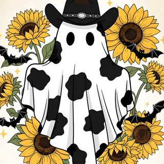 a black and white cow with sunflowers on it's chest, wearing a cowboy hat Aesthetic Cute Western Halloween Cow Print Ghost Tattoo, Cowboy Photography, Doodle Art Designs, antique white