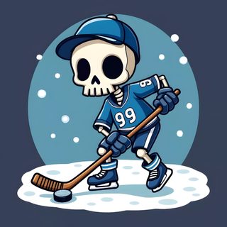 a skeleton hockey player with a blue jersey and hat on, skating in the snow Hockey Halloween Curling Sport, Mountain Lover, Retro 2, Bonne Chance, Surfer Girl, dark slate gray