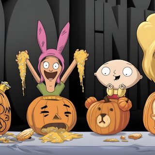 cartoon characters with pumpkins and jack - o'- lanterns Bobs Burger Halloween Bob Burgers Halloween, Family Guy Halloween, American Dad Thanksgiving, dark olive green