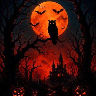 an owl sitting on a tree branch in front of a full moon with bats and pumpkins Halloween Owl Happy Halloween Pictures, Pumpkin, Image Halloween, Halloween Owl, Haunted Castle, black