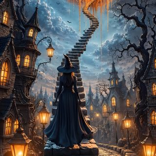 a woman standing on top of a stairway in front of a full moon filled sky Halloween Steampunk dark slate gray