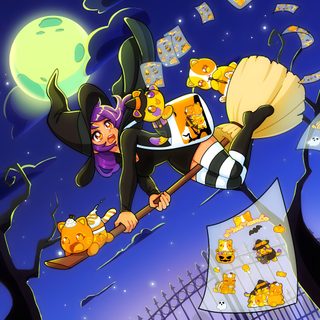 a cartoon character flying through the air on top of a broom with other characters around Halloween Aphmau Aphmau Halloween Pictures, Aphmau Cards Fruit Blox, Aphmau Fruit Blox All Cards, dark slate blue