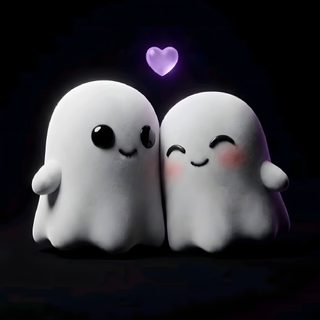 two white ghost with eyes and arms are facing each other in front of a purple heart Cute Halloween Boo Bestie Matching, 3d Character, Halloween, Kawaii Art, Couple Aesthetic, black