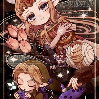 two anime characters are holding their hands up in front of the camera, with stars and moon Halloween Zelda Zelda Twilight Princess, Majoras Mask, Zelda Art, Ocarina Of Time, dark olive green