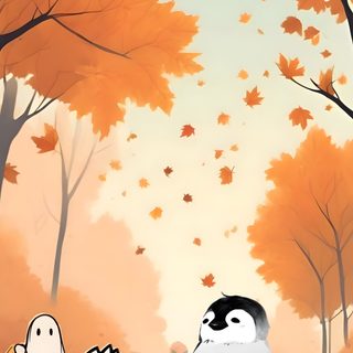 two birds sitting on top of a pile of pumpkins in the woods with fall leaves Penguin Halloween Penguins, Cute, sandy brown