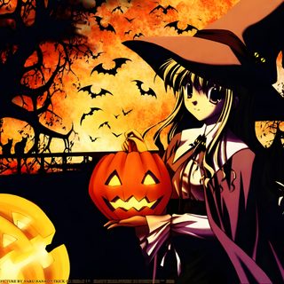 a girl in a witch costume holding a pumpkin and standing next to a jack - o'- lantern 2000s Halloween Anime Halloween Gif Banner, Anime Halloween Pc, Halloween Gifs Anime, black
