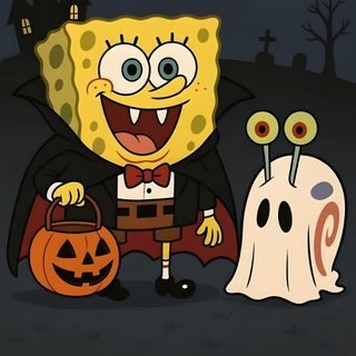 spongebob and his pumpkins in front of a house at night with ghost Spongebob Halloween Spongebob On Halloween, Pokemon Halloween Pictures, Halloween Spongebob Characters, dark slate gray