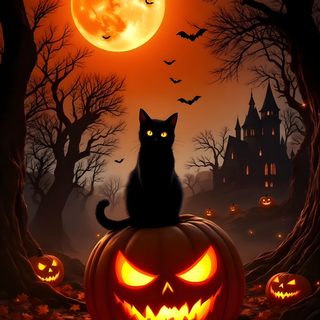 a black cat sitting on top of a jack o lantern pumpkin in front of a full moon Apple Iphone Halloween Pumpkin Illustration, Happy Halloween Pictures, Pumpkin, Halloween Havoc, black