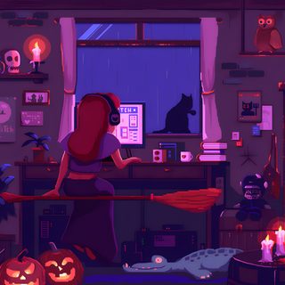 a woman in a room decorated for halloween Aesthetic Halloween Gif Halloween-themed Pixel Art Room, Halloween Laptop Gif, Halloween Live Pc, dark slate gray