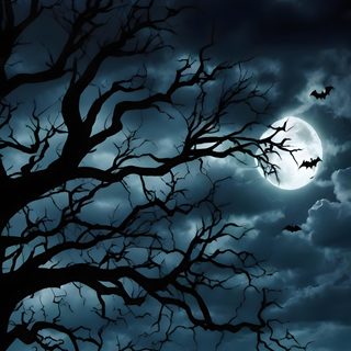a tree with bats flying in the night sky and people standing under it on a fence line Halloween Tree Dark Spooky Halloween Background, Halloween Tree Background Images, Halloween Dark, dark slate gray