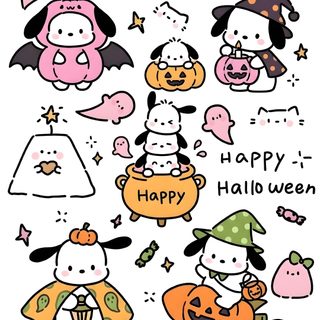 an image of halloween stickers with cute dogs and pumpkins on the back ground Pochacco Halloween Birthday Card Drawing, Card Drawing, Rose Painting, Cute Stickers, Cute Dogs, white