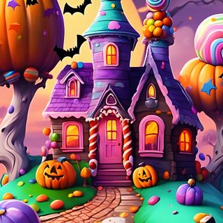 an animated halloween scene with candy houses and pumpkins Halloween Candy House Halloween Texture, Candy Corn Hd, Halloween Candy Corn, Halloween Candy House, dim gray