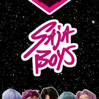 an image of some people standing in front of a black background with pink and purple lettering Saja Boys Halloween Kpop Demon Hunters And Kda, Kpop Demon Hunters Saga Boys, Kpop Demon Hunters Huntrix And Saja Boys, black