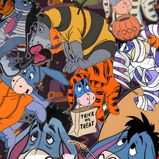 the cartoon characters are all grouped together Eeyore Halloween Halloween Backgrounds, Halloween, Winnie The Pooh, gray