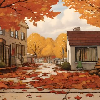 a painting of a person sitting on a bench next to a dog in the fall leaves Cute Halloween Landscape Desktop Fall, Ipad, Fall Background, Cute Desktop, Pretty Ipad, sienna