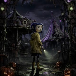 a cartoon character standing in front of an entrance to a halloween themed park at night Halloween Iphone Coraline black
