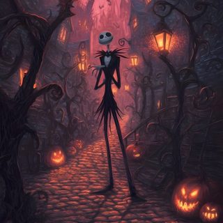 a cartoon character is standing in the middle of a street with pumpkins on it Thisis Halloween Aesthetic Nightmare Before Christmas, Halloween Iphone Backgrounds, Halloween Backgrounds, dark slate gray