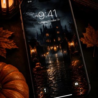 an iphone on a table with pumpkins and candles in front of the phone screen Modern Smartphone With Halloween Halloween Lock Screen, Gothic Mansion, Lock Screen Backgrounds, black