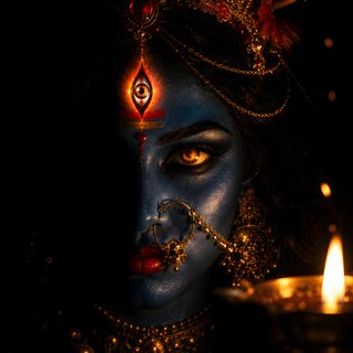 a woman with blue face paint and gold jewelry holding a lit candle in her hand Halloween Kali 2 Kali Goddess, Indian Gods, Digital Paper, black