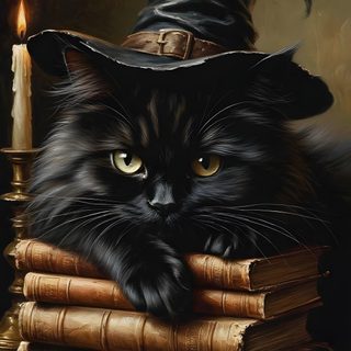 a painting of a cat wearing a witches hat on top of books with a lit candle in the background Halloween Witch Cat Witches Cat, Black Cat And Witches, Halloween Black Cat Pictures,