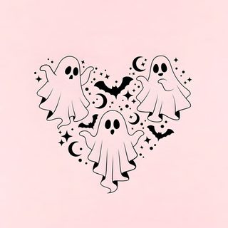 a heart shaped drawing with ghost and stars in the shape of a heart on a pink background Cute Halloween Heart Cute Ghost Aesthetic, Cute Ghost, Simple Spooky, Cute But Creepy, misty rose