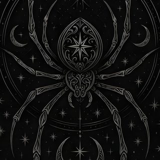 a black and white drawing of a spider in the middle of stars, on a dark background Spider Halloween Sagittarius, Pagan Art, Iphone Lockscreen, Spooky Tattoos, Witchy, Gothic, black