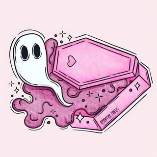 a pink box with a ghost face on it's lid and some sprinkles around it Cute Halloween Coffin Cute Spooky Drawings, Cute Coffin Drawing Easy, Halloween Aesthetic Drawing, linen