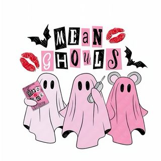 three pink ghost stickers with the words mean girls written in black and red on them Mean Girls Halloween Preppy Ghostface Drawing, Ghost Face Pink, Happy Halloween Mean Girls, white smoke