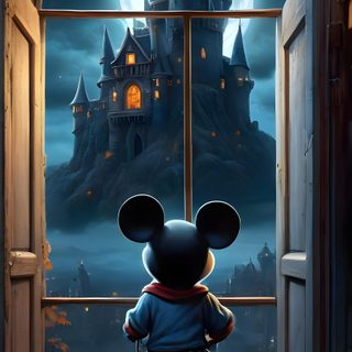 a mickey mouse standing in front of a window with a castle behind it and a jack - o'- lantern Disney Castle Halloween Halloween Cute, Disney Castle Halloween, Thanksgiving, Mickey Mouse, dark slate gray