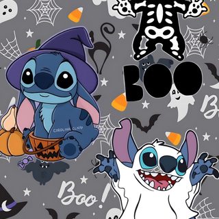 two cartoon characters on a gray background with pumpkins and jack - o'- lanterns Kawaii Kawaii Cute Stitch Halloween Moving Iphone, Castlevania, Halloween Backgrounds, dim gray