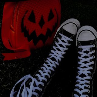two pairs of black and white converse shoes sitting on the ground next to a pumpkin bag Halloween Retro Shoes With Pumpkins Spooky Emo, Halloween Y2k, Halloween Core Aesthetic, black