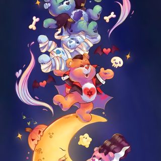 an image of teddy bears flying over the moon Care Bear Halloween Care Bear Tattoos, Care Bears Vintage, Care Bears Cousins, Halloween Cute, midnight blue