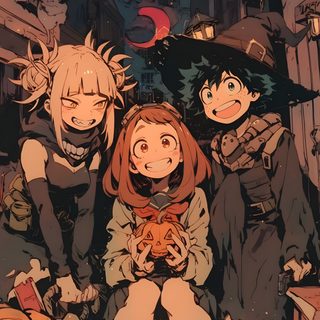 three anime characters sitting on the ground in front of an alleyway with pumpkins Aesthetic Mha Halloween Mha Halloween, Ochako Halloween, Toga X Uraraka X Deku, dark slate gray