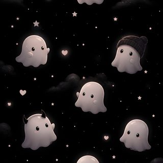 there are many ghost heads floating in the night sky with stars and hearts around them Halloween Ghost For Walls Gothic Cute Aesthetic, Cute Baby Ghost, Spooky Vibes Aesthetic, Cute Witchy, black